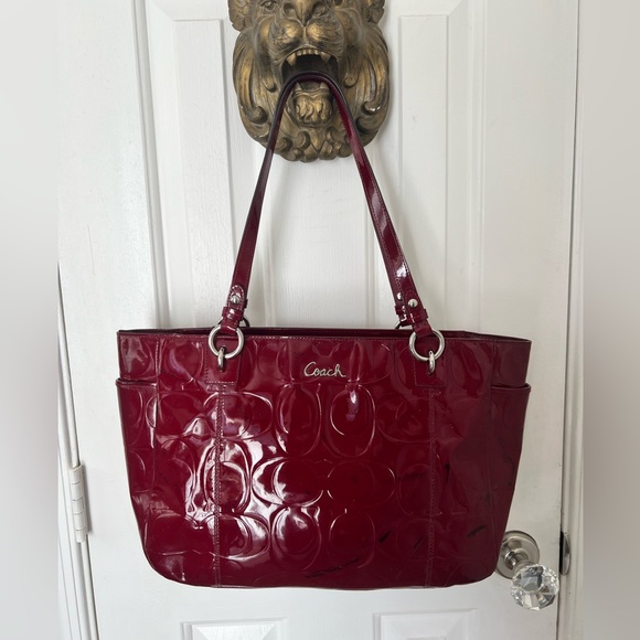 Coach Gallery Embossed Garnet Patent Leather Tote - Picture 2 of 14